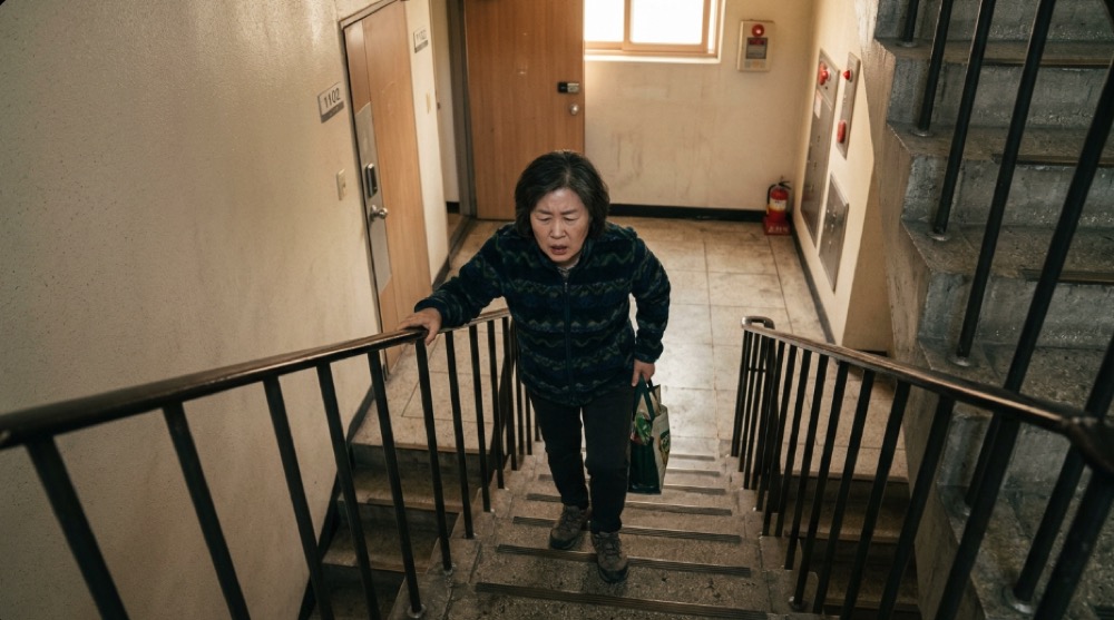 계단 오르다 멈춤