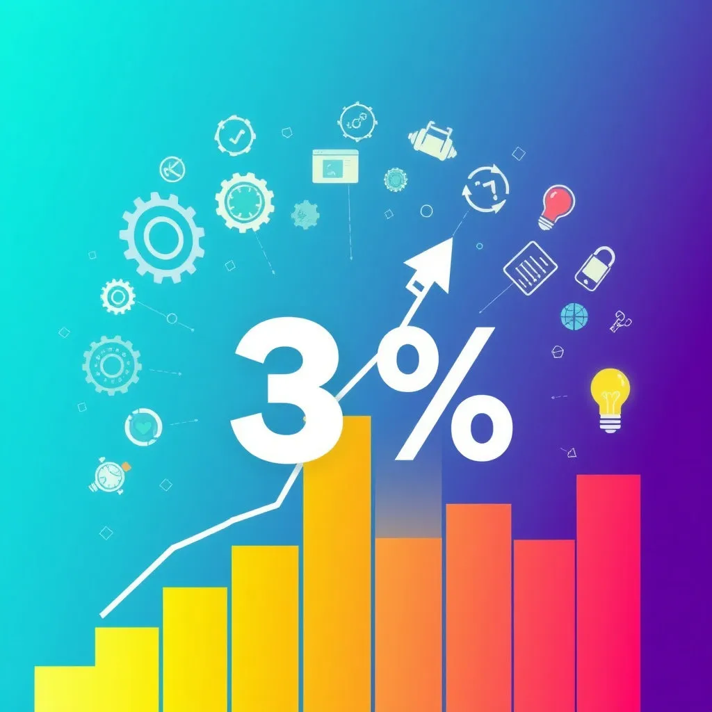 그래프나 막대 차트가 상승하는 모습을 배경으로, 중앙에 커다랗게 '3%'라는 숫자가 강조되어 있습니다. 주변에는 다양한 혁신 기술 아이콘들이 함께 배치되어 목표 달성을 위한 노력과 결과를 상징합니다.