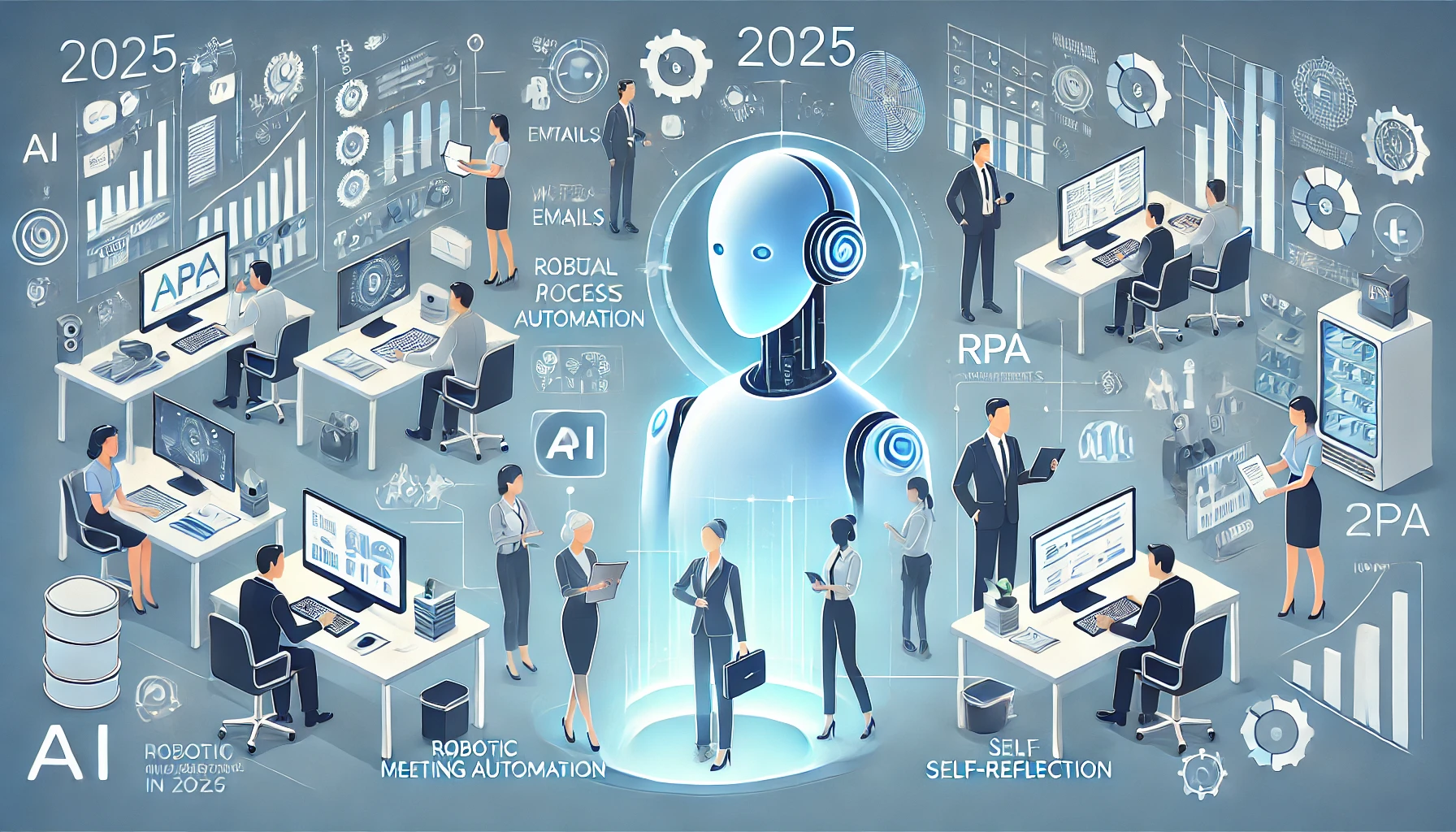 2025년 AI 에이전트가 회의록 정리, 이메일 작성, 보고서 생성, 재고 관리 등을 수행하는 모습