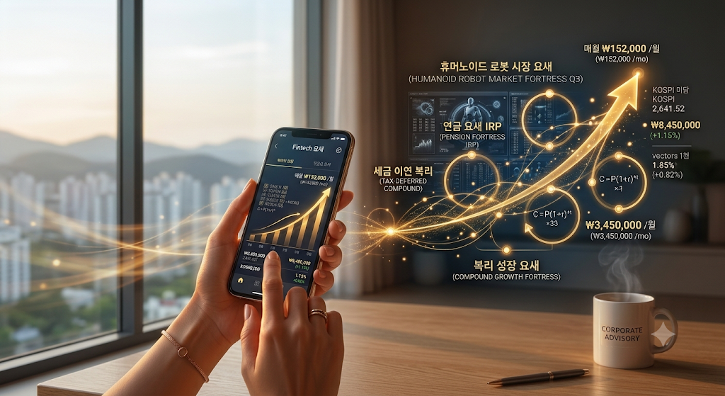 일요일 아침 거실에서 스마트폰으로 휴머노이드 로봇 관련 뉴스와 주가 차트를 함께 확인하는 손 클로즈업, 하이테크 금융 일러스트