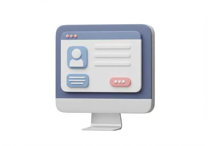 K-스타트업 온라인 신청 화면을 보여주는 컴퓨터 모니터 3D 아이콘