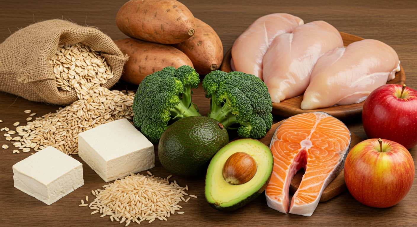 비만에 좋은 음식들이 놓여있다. 귀리, 고구마, 닭가슴살, 브로콜리, 현미, 두부, 아보카도, 연어, 사과