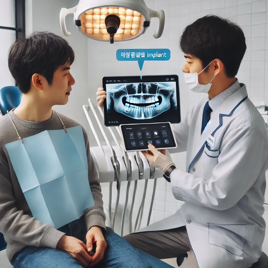 치과에서 임플란트 상담을 받는 한국인 환자, 의사가 디지털 X-ray를 보며 임플란트 시술 과정을 단계별로 설명하는 장면