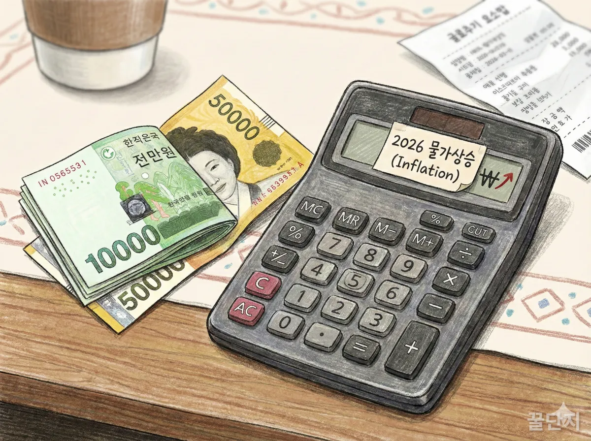 2026년 한국의 물가 상승과 세뱃돈 부담을 나타내는 지폐와 계산기 이미지