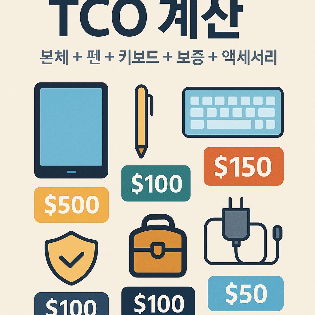 총소유비용(TCO) 계산 인포그래픽: 본체+펜+키보드+보증+액세서리