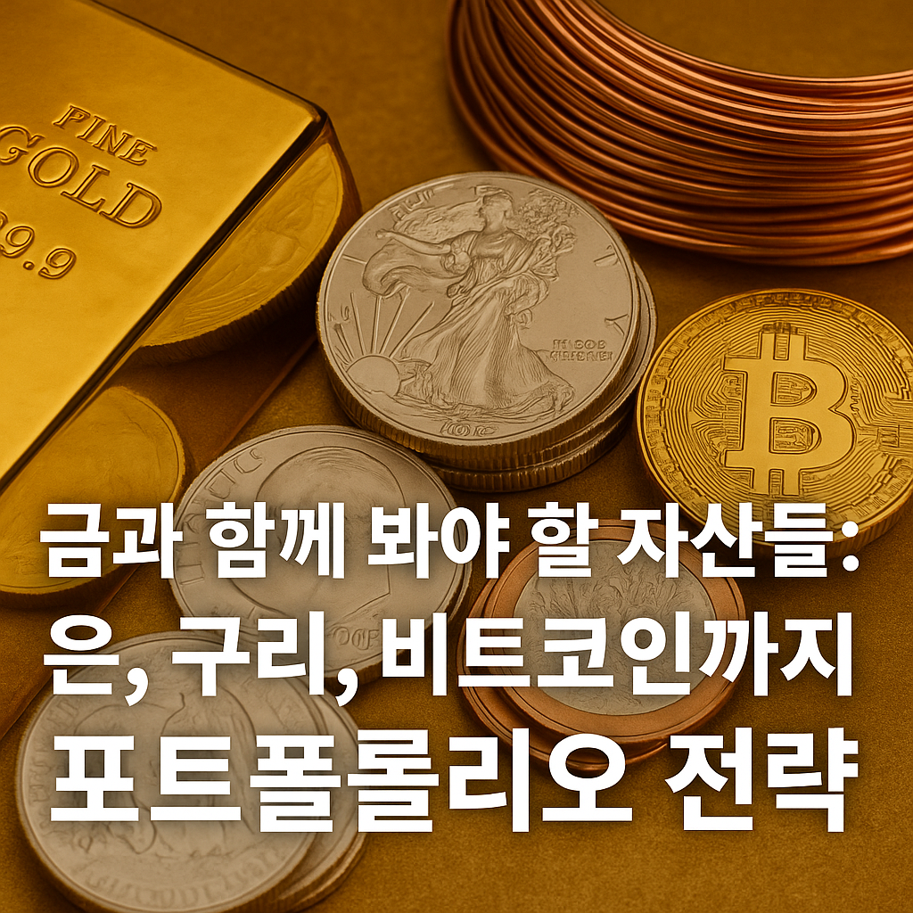 금괴, 은화, 구리선, 비트코인을 배경으로 ‘금과 함께 봐야 할 자산들: 은, 구리, 비트코인까지 포트폴리오 전략’이라는 문구가 적힌 썸네일 이미지