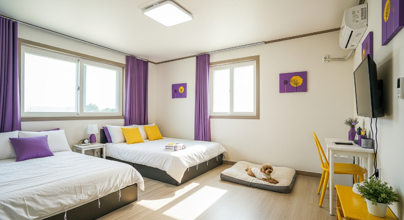 감성적인 디자인과 아늑한 분위기가 돋보이는 제주 반려견 동반 숙소의 실내 모습.