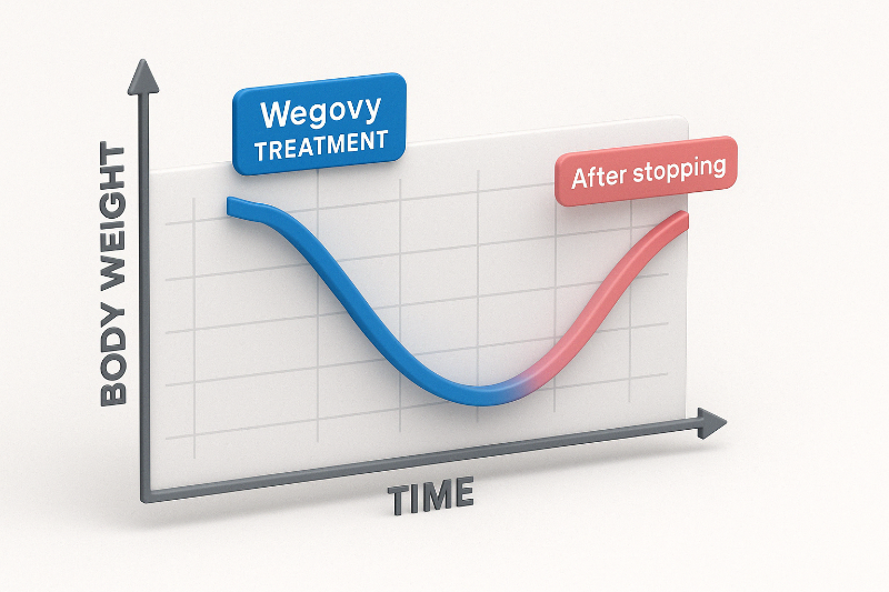 위고비 치료 중 체중 감소 후 중단 시 요요 현상이 나타나는 U자형 그래프 이미지