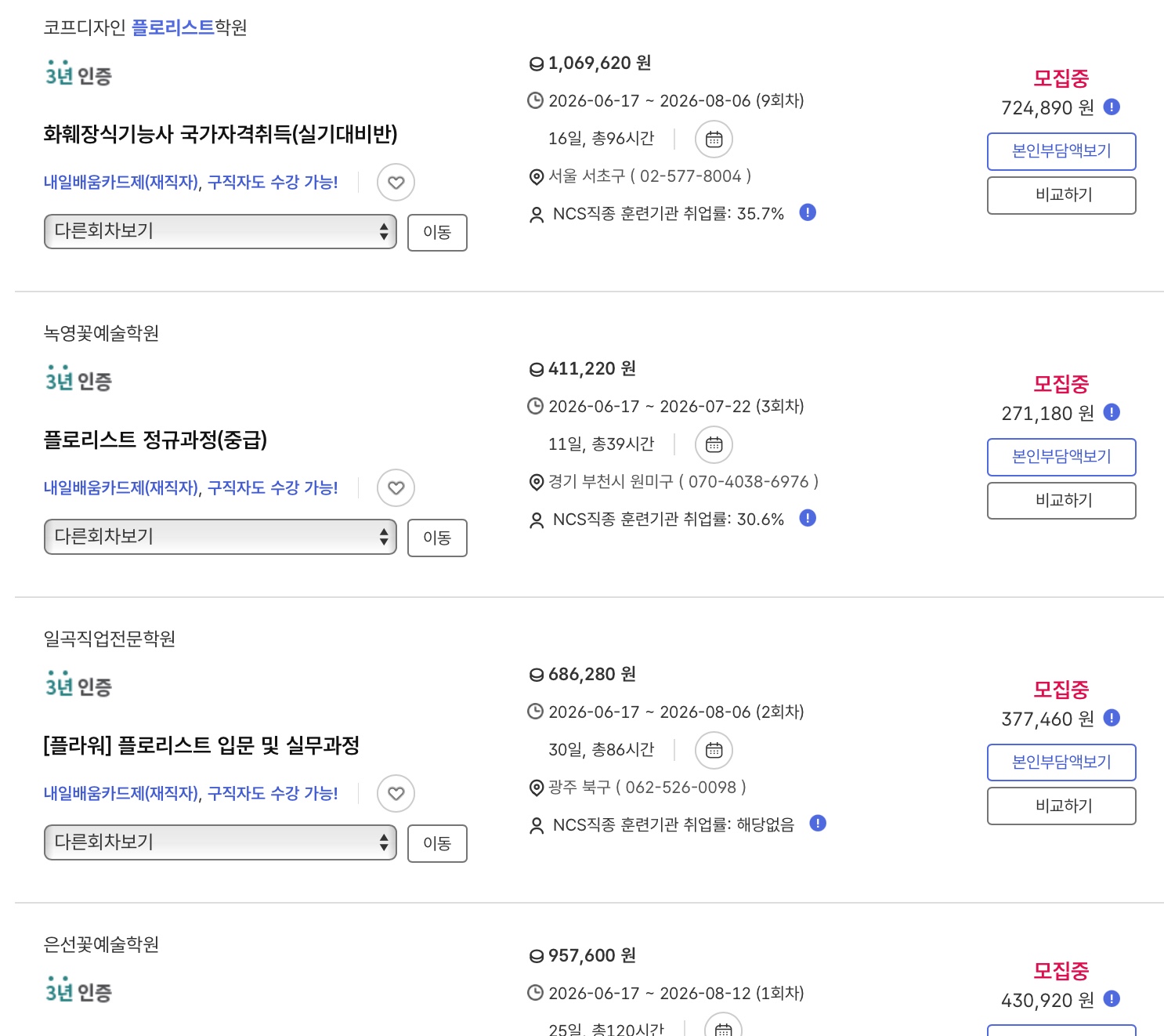 [001] 플로리스트 국비지원 내일배움카드 학원 비교・직장인 기준 4가지