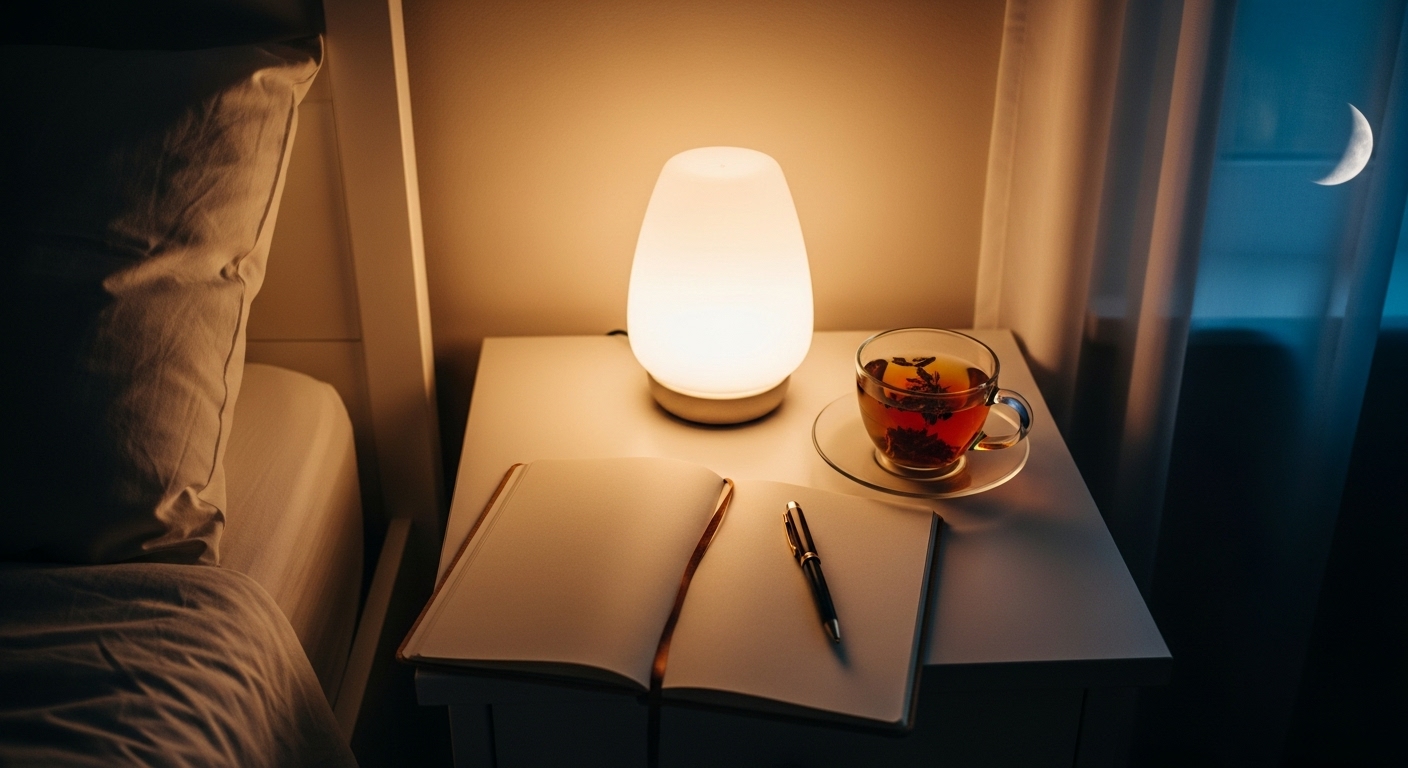 침대 옆 협탁 위에 꿈 일기를 쓸 준비가 된 예쁜 노트와 펜, 따뜻한 조명이 놓여있는 대표 이미지