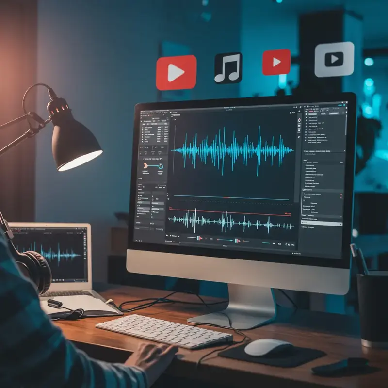 유튜브 배경음악을 제작 중인 크리에이터의 작업 환경, AI 음악 생성 인터페이스가 보이는 디지털 창작 공간