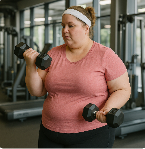 헬스장에서 운동하는 뚱뚱한 여성 사진