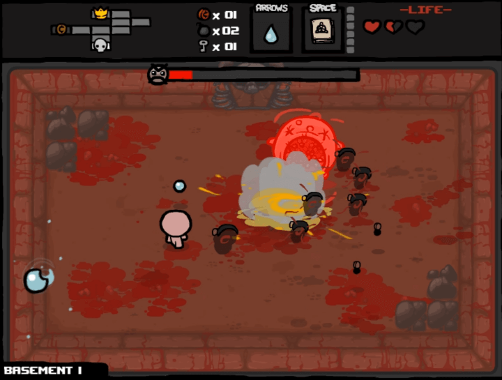 더-바인딩-오브-아이작-플래시게임-플레이-폭탄을-터트려-보스에게-큰-피해를-입힌-화면