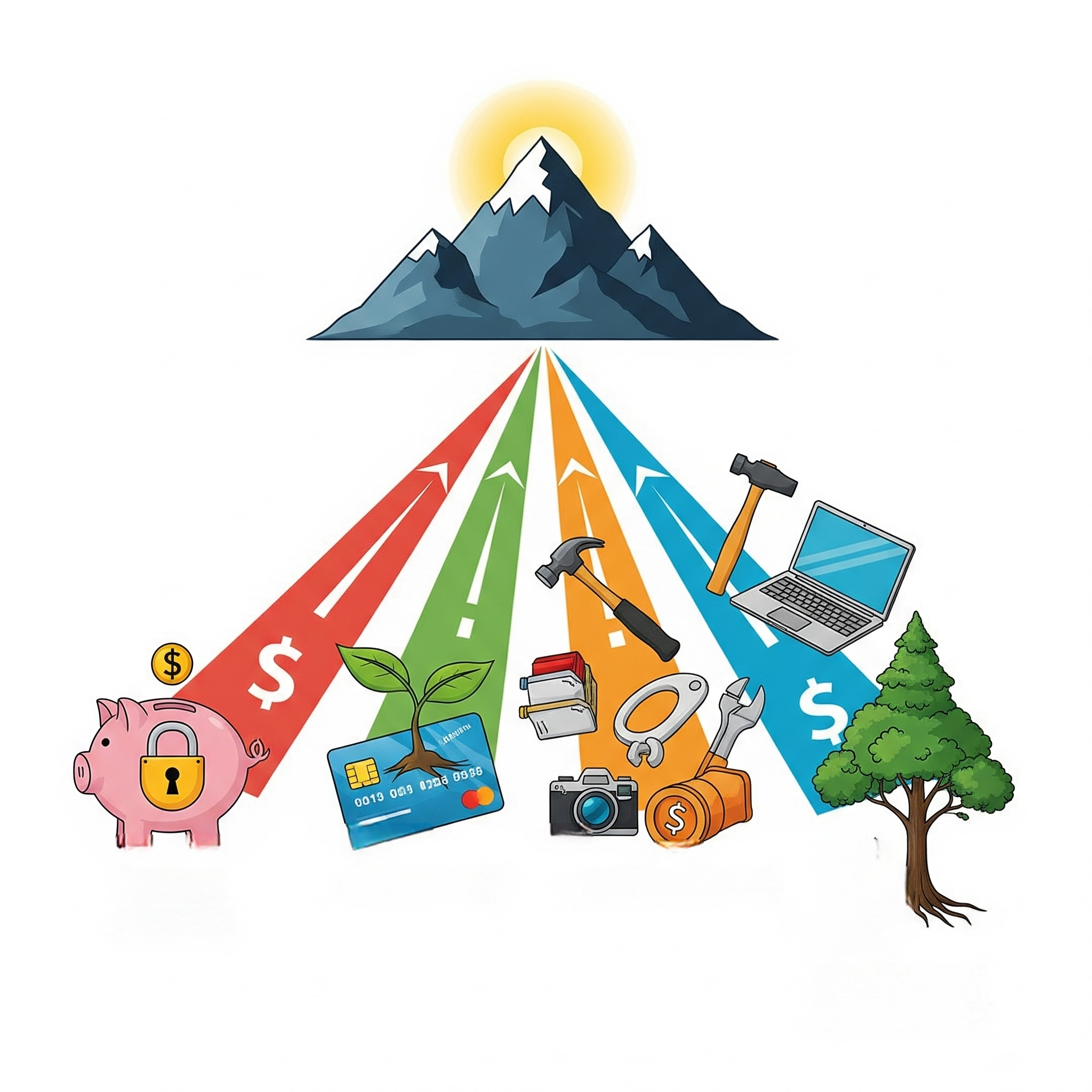 저축, 절약, N잡, 투자 아이콘이 모여 1000만 원 목표를 달성하는 인포그래픽