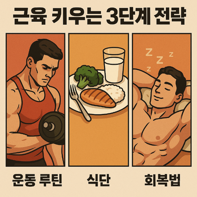 근육 키우는 3단계 전략 (운동루틴, 식단, 회복법) 사진
