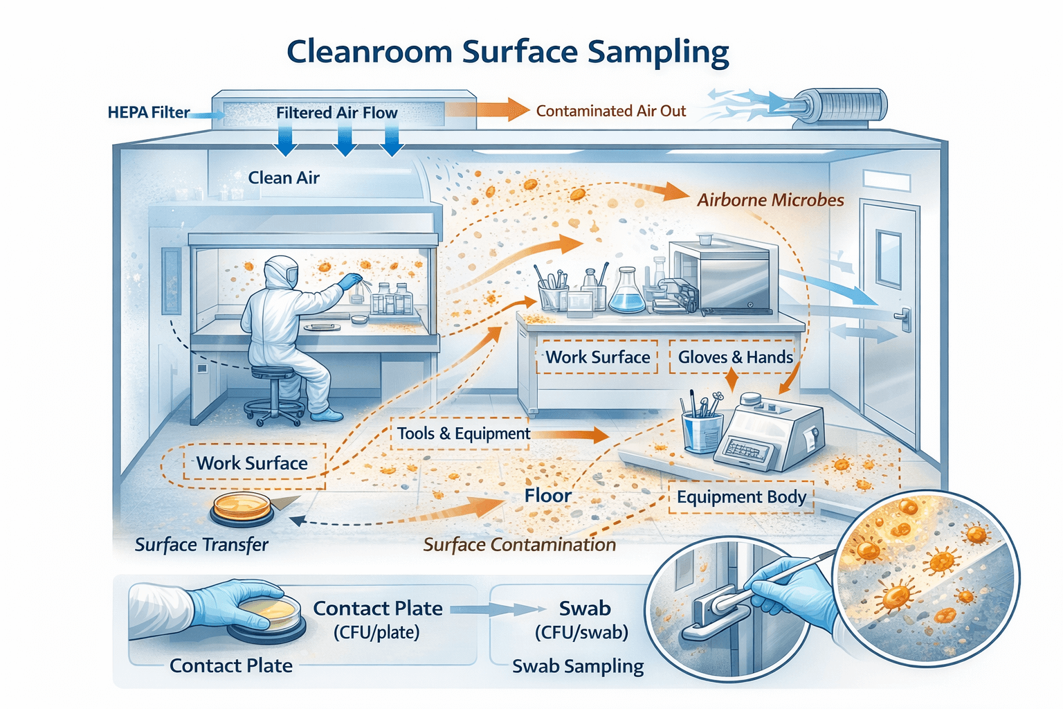 클린룸 표면 오염 검사(Surface Sampling)는 접촉 기반 오염을 평가하기 위한 핵심 환경 모니터링 기법이다.