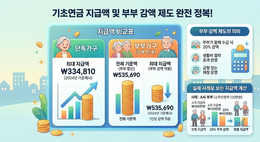 기초연금 지급액과 부부감액 제도를 설명하는 인포그래픽. 단독가구 최대 지급액 349,700원, 부부 모두 수급 시 1인당 279,760원 지급, 부부감액 제도의 의미와 실제 사례를 시각적으로 정리한 이미지
