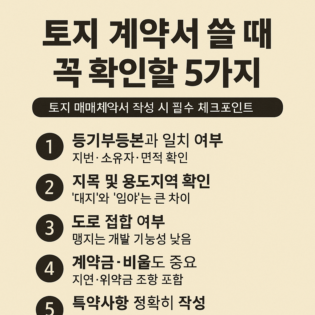 등기부, 지목, 도로접합, 계약금 비율, 특약사항 등 토지계약서 작성 시 주의사항을 정리한 인포그래픽