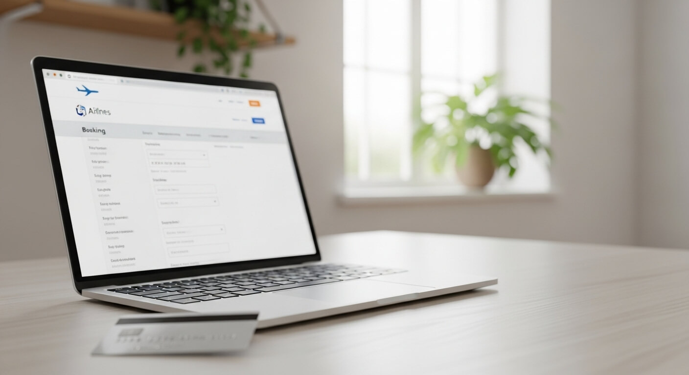 노트북 화면에 항공권 예약 페이지가 열린 장면