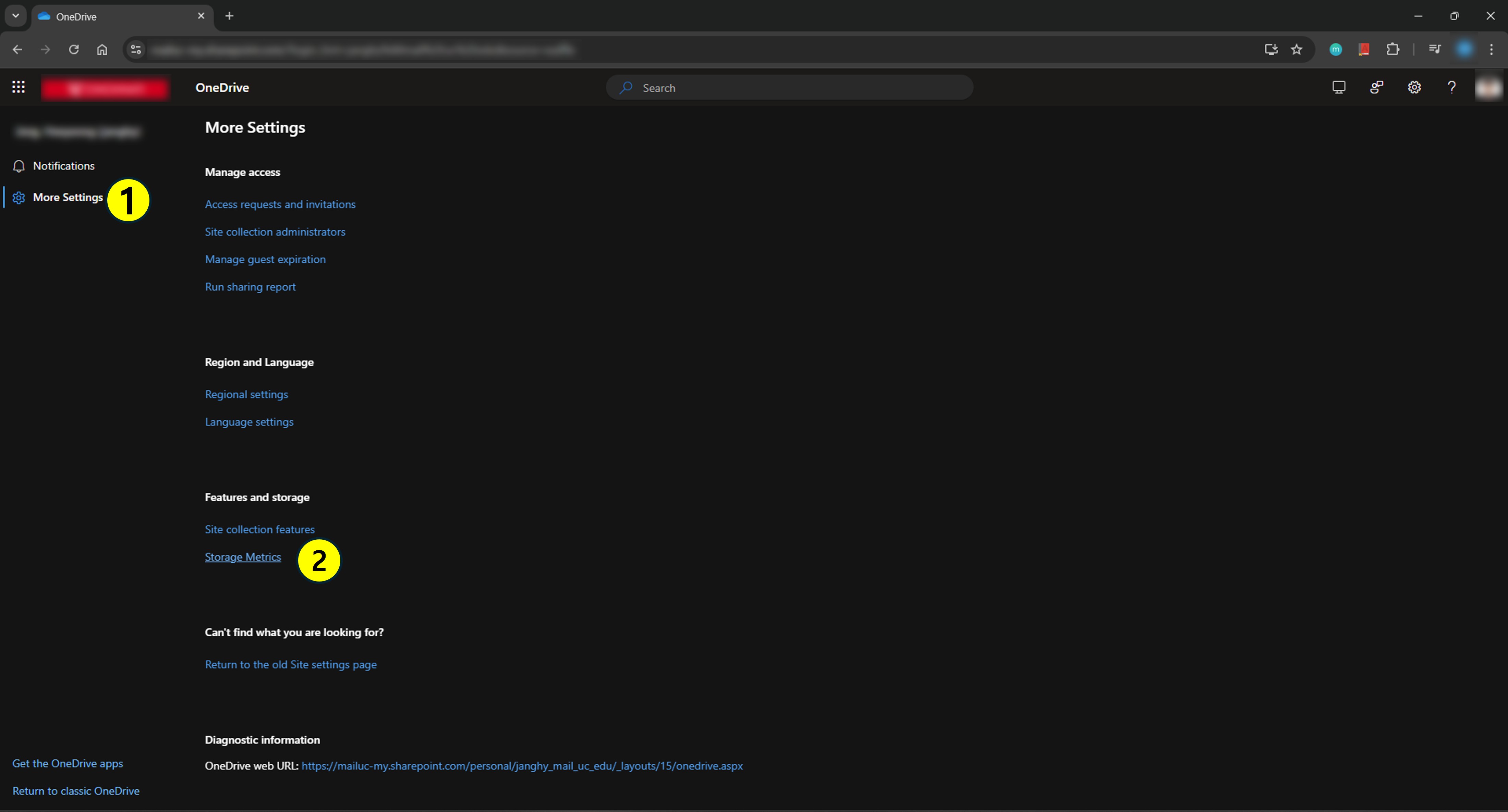 Onedrive storage metrics 진입 방법