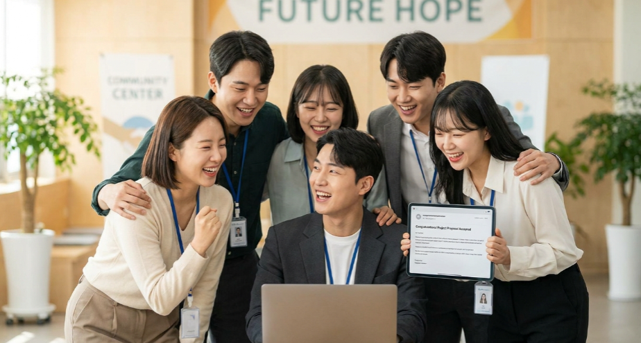시험장에서 웃으며 나오는 수험생들과 응원 문구