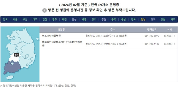 전남, 전북, 광주 달빛어린이병원 주소, 전화번호 목록