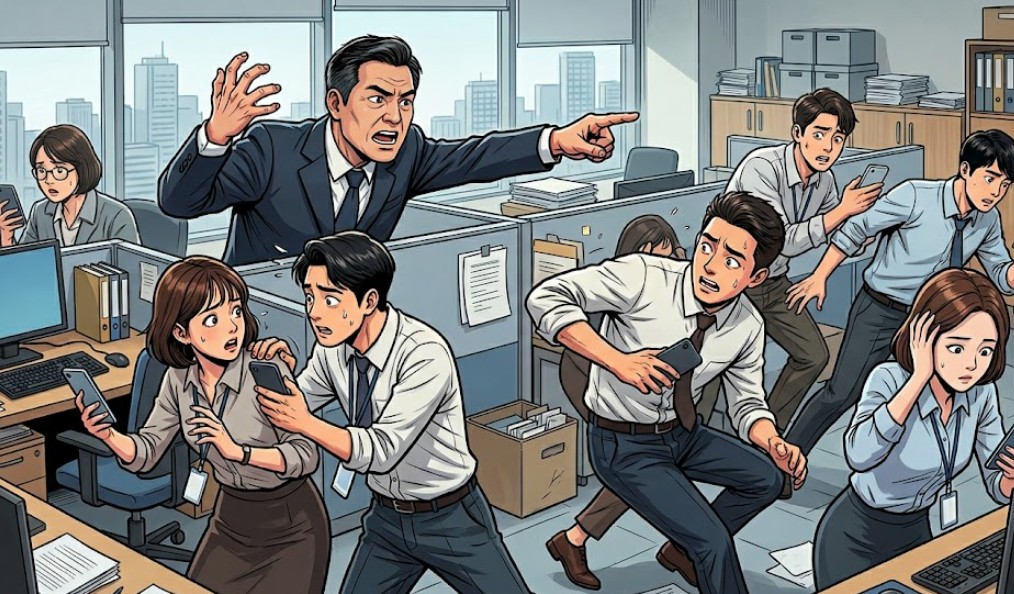 부서 단톡방에서 아무도 의견제시를 하지 않자 부장이 호통을 치고, 이에 여러 직원들이 스마트폰을 보며 우왕좌왕하며 서로 눈치보는 모습
