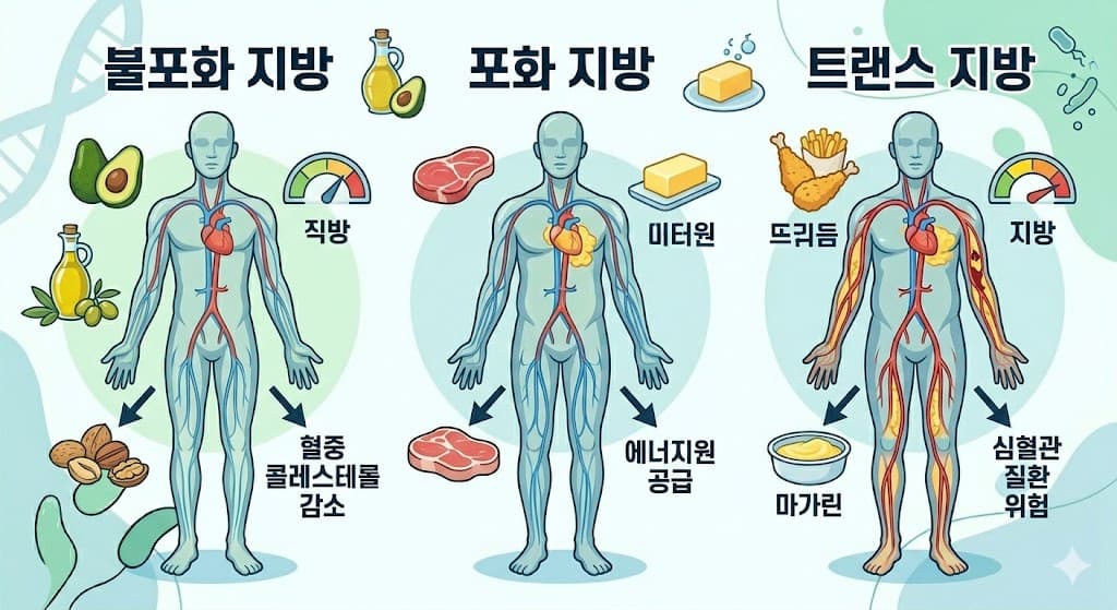 지방 종류 비교 불포화 지방 vs 포화 지방 vs 트랜스 지방 착한 지방 나쁜 지방 음식 급원 신체 영향 대사 차이 인포그래픽