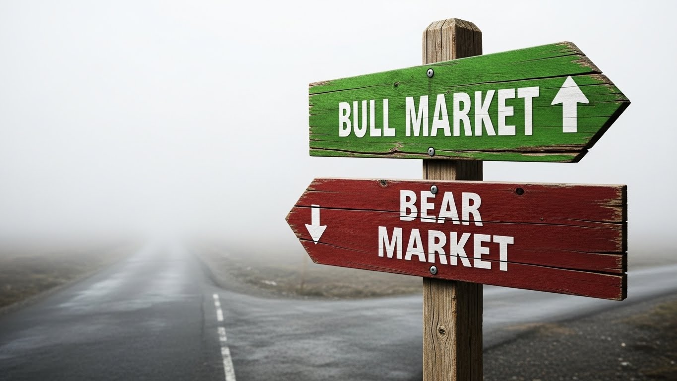 A signpost with two arrows one pointing up 'Bull Market' (green), the other down 'Bear Market' (red), with a foggy road ahead