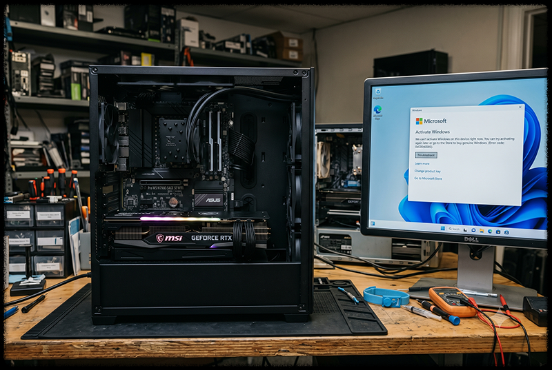 조립 PC 메인보드와 Windows 라이선스를 확인하는 모습