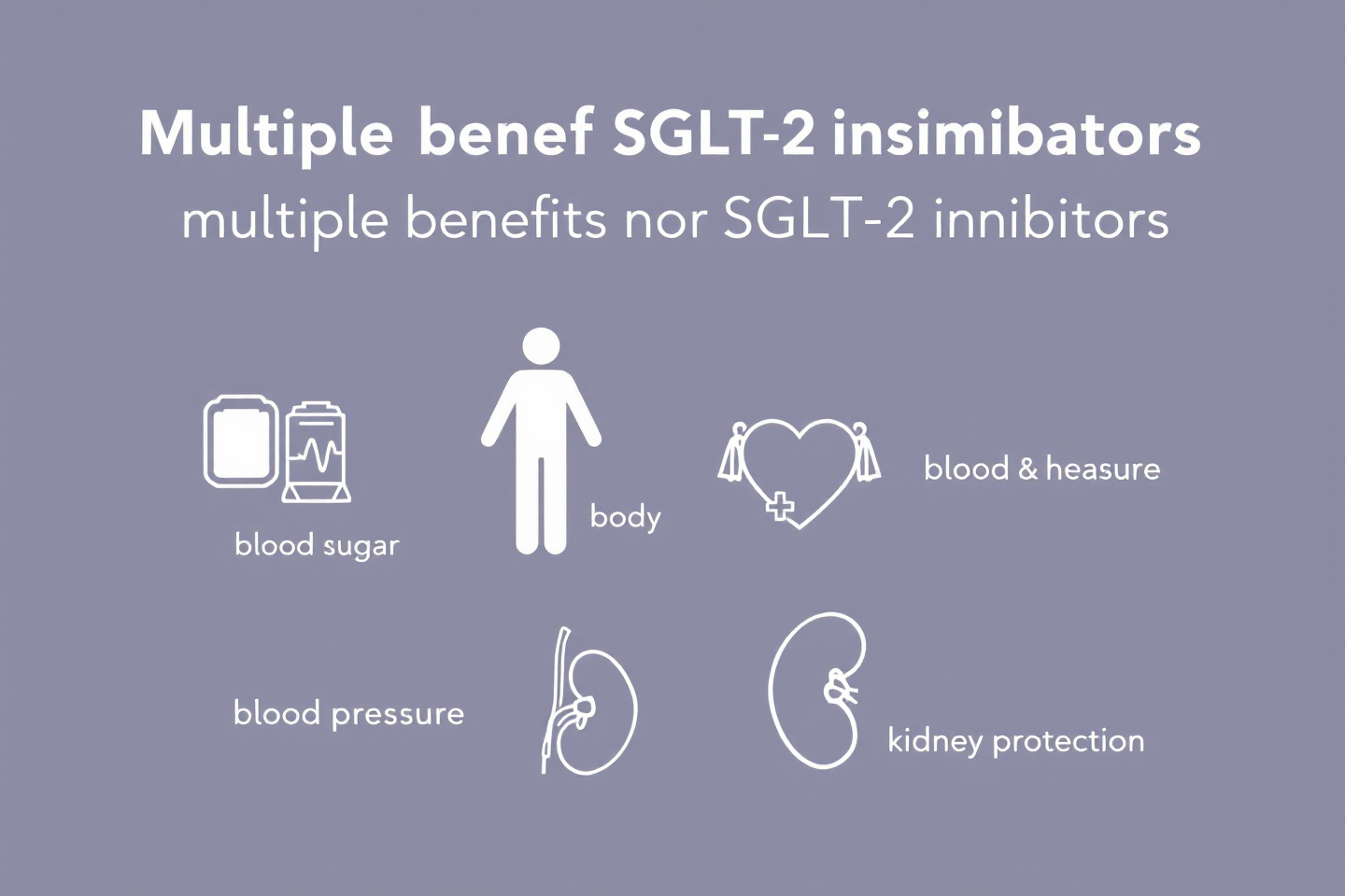 "SGLT-2 억제제의 다중 효과: 혈당, 체중, 혈압, 심장, 신장 보호를 아이콘으로 정리한 인포그래픽"