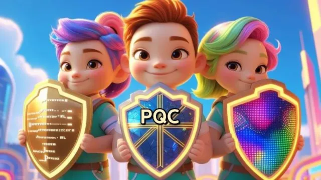 세 명의 픽사풍 캐릭터가 각기 다른 방패를 들고 있는 PQC 대표 이미지. 방패는 격자 기반, 코드 기반, 다변수 암호를 상징하며 포스트 양자암호(Post-Quantum Cryptography, PQC)의 보안 개념을 시각적으로 표현함 (PQC shield illustration).
