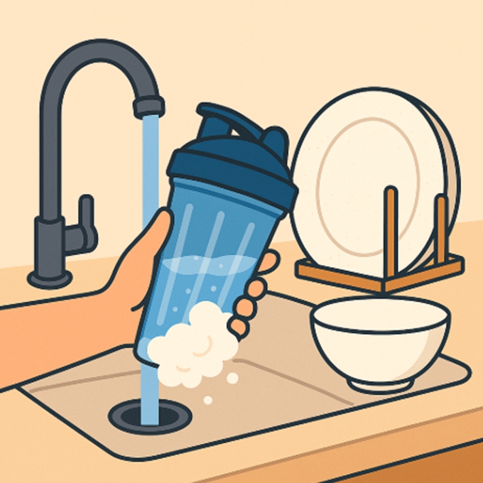 깔끔하게 세척된 프로틴 셰이커와 세척 도구 일러스트