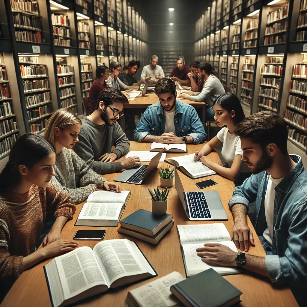 도서관에서 스터디 그룹 활동 중