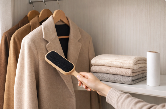 겨울 코트를 의류 브러시로 관리하고 옷장에 니트를 정리해 보관하는 모습