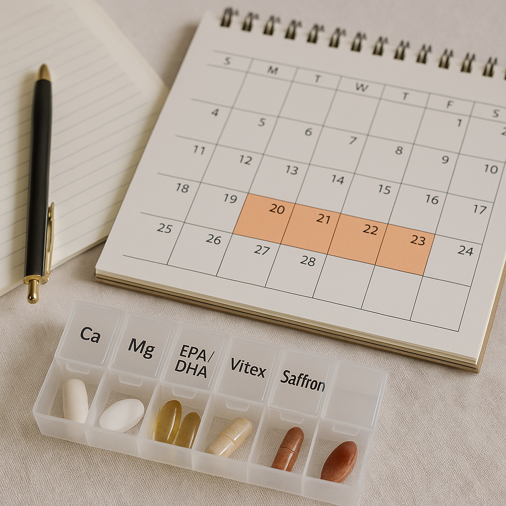 생리 주기 캘린더와 칼슘&middot;마그네슘&middot;오메가3&middot;위치&middot;사프란이 담긴 요일별 필오거나이저