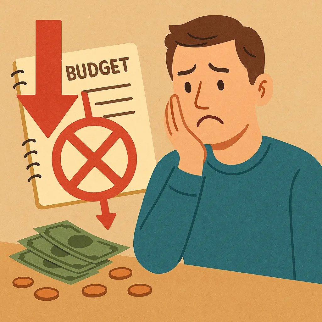 예산-관리가-실패하는-가장-흔한-이유를-표현한-일러스트로,-남성이-예산표를-보며-걱정스러운-표정을-짓고,-지폐와-동전이-흩어져-있는-모습이-묘사되어,-계획-부족과-과소비의-문제를-상징함.