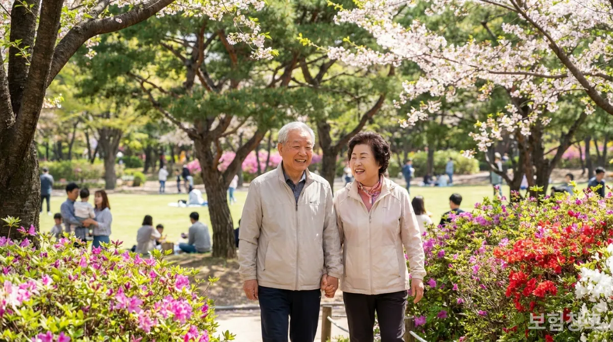 공원에서 활기차게 산책하는 건강한 한국인 노부부