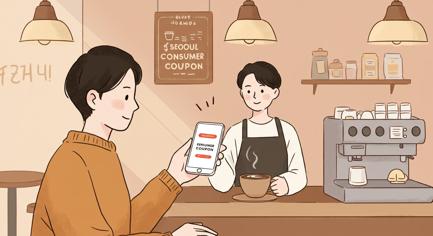 카페에서 서울시 소비쿠폰으로 결제하는 장면을 그린 일러스트