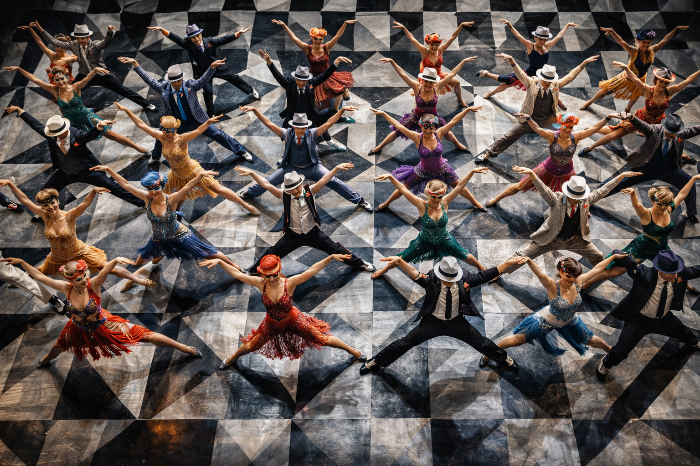 앙상블의 대형 변화를 보여주는 부감 시점의 군무 장면