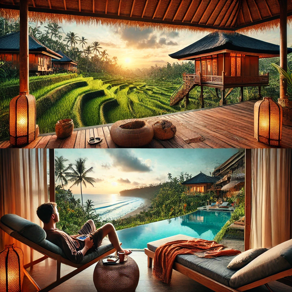 발리 우붓과 짐바란의 감성적인 숙소에서 여유롭게 휴식을 취하는 모습