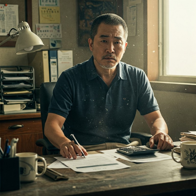책상에 앉아 매출 하락으로 걱정하는 한국 중년 남성 소상공인의 모습. 어두운 표정과 쌓인 서류가 어려움을 보여준다