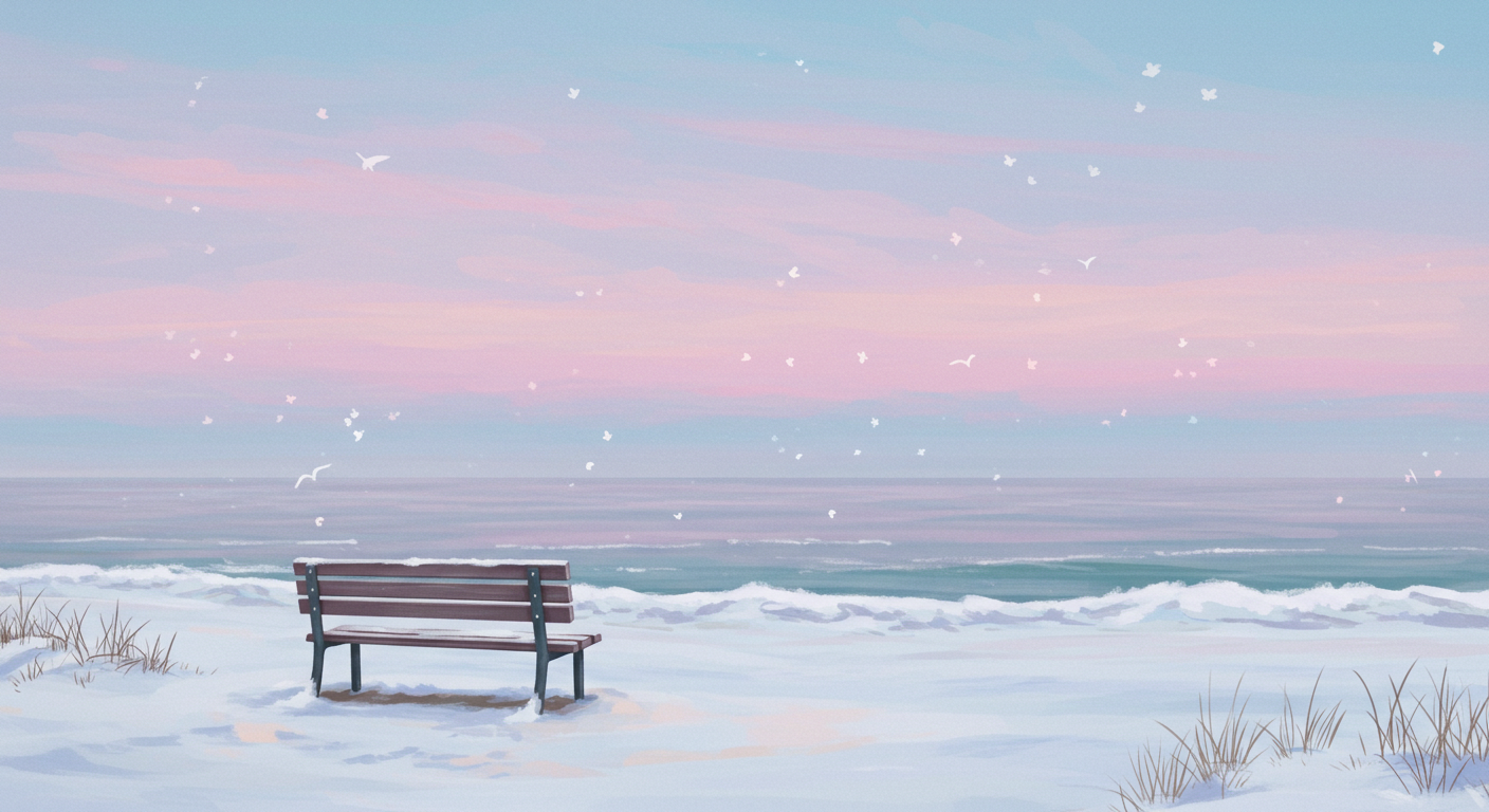 눈오는 바다에 벤치