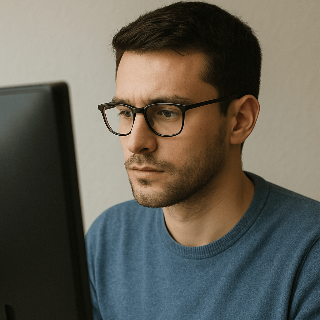 한 남자가 모니터를 보면서 일하고 있다