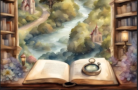 펼쳐놓은 동화책과 그 뒤로 동화 속 상상의 세계, 아름다운 시냇물 예쁜 성 등이 보이는 그림