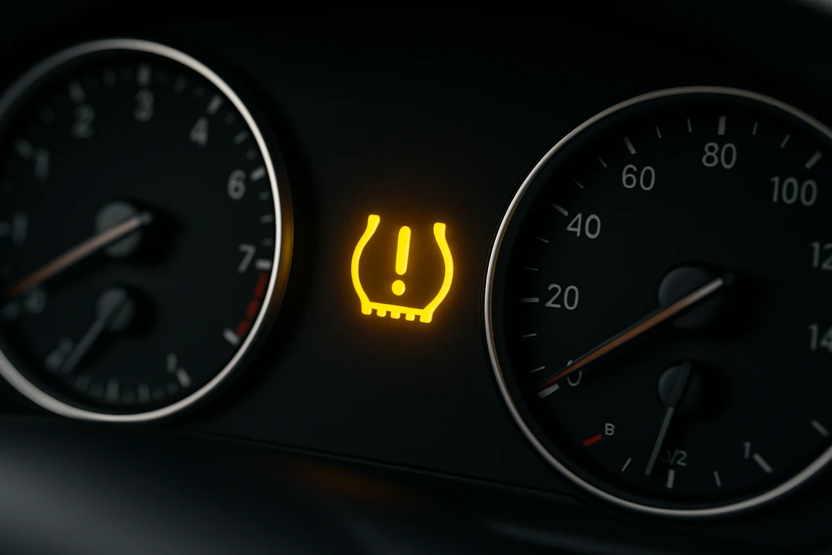 자동차 계기판에 켜진 타이어 공기압(TPMS) 경고등