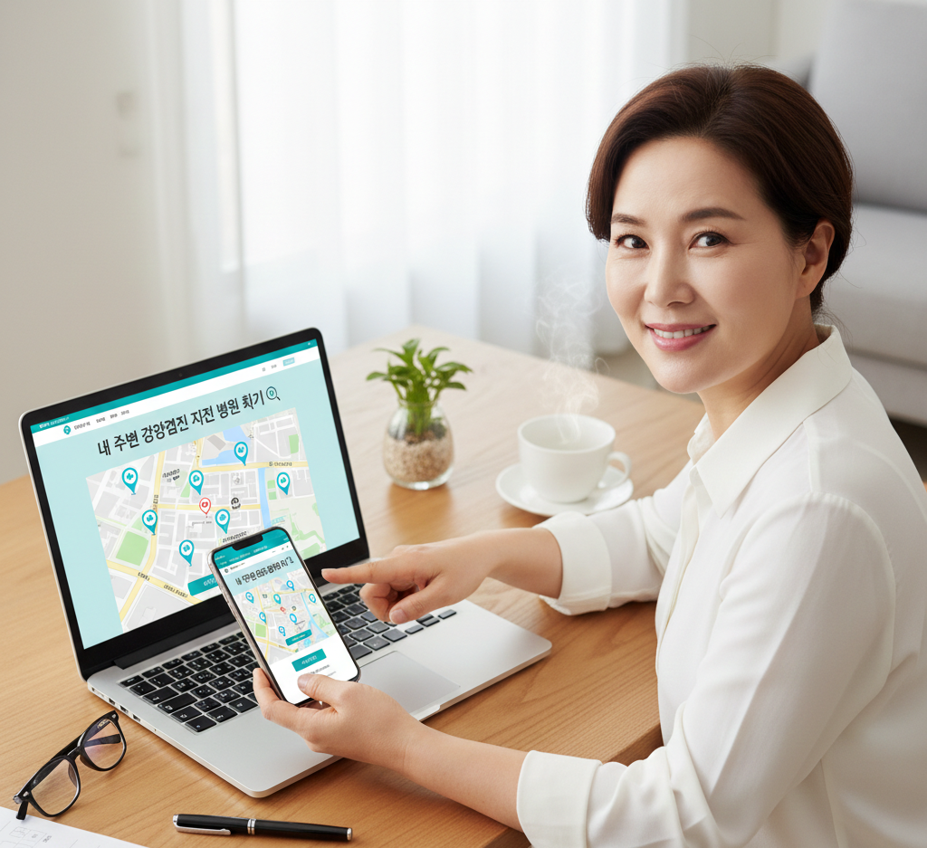 스마트폰 지도로 내 주변 국민건강보험공단 지정 건강검진 병원 위치를 확인하고 청진기와 안경이 놓인 테이블 위에서 예약을 준비하는 모습