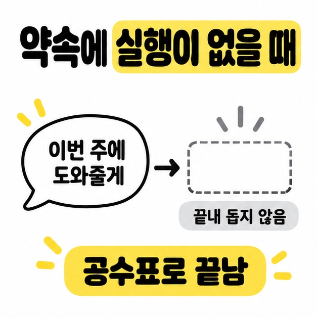 이번 주에 도와주겠다는 약속이 끝내 실행되지 않아 공수표로 끝나는 상황을 보여주는 도식