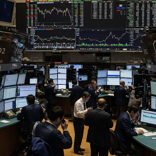 재난으로 인한 혼란스러운 주식시장의 이미지입니다.