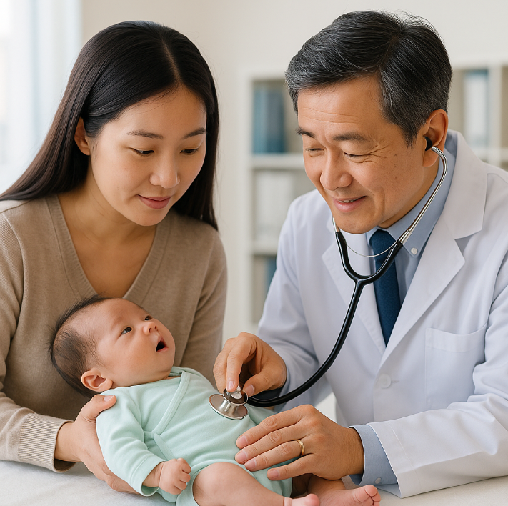 처음 찾은 소아과에서 건강을 위한 진료를 받는 아기의 모습